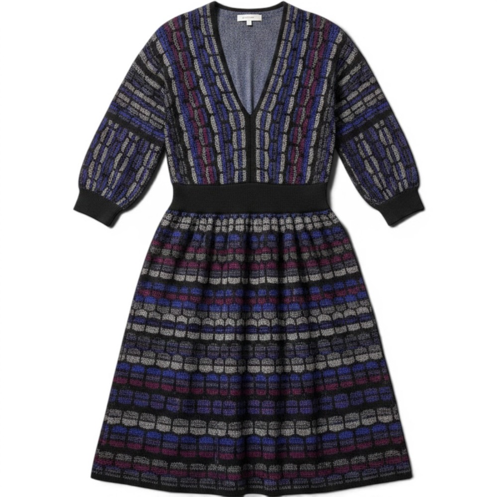 Laundry by Shelli Segal Metallic Geometric Knit V-Neck Dress Size M